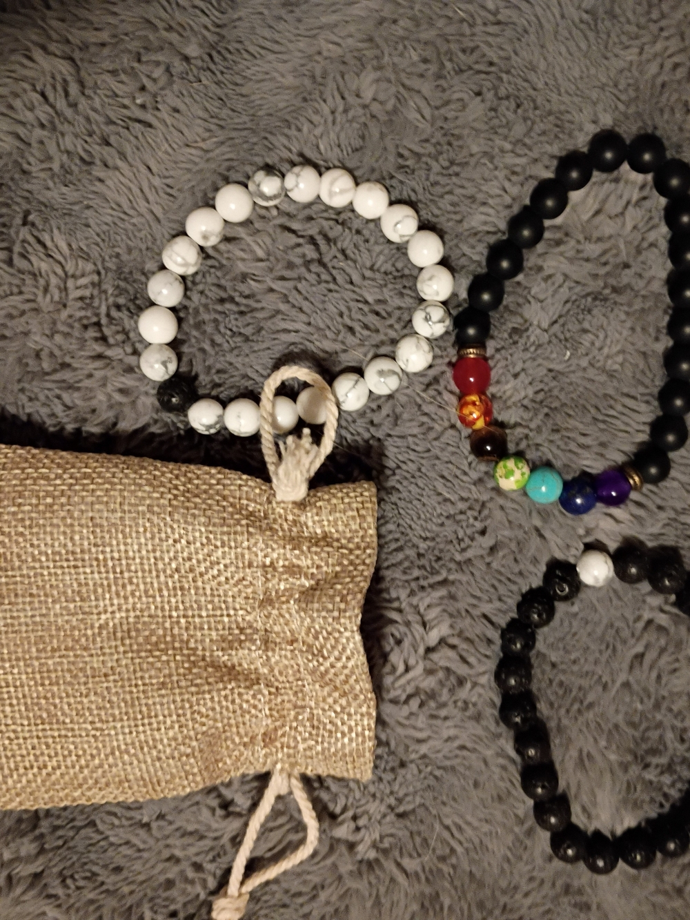 Beaded Stretch Bracelet Set with White Howlite and Black Matte Beads